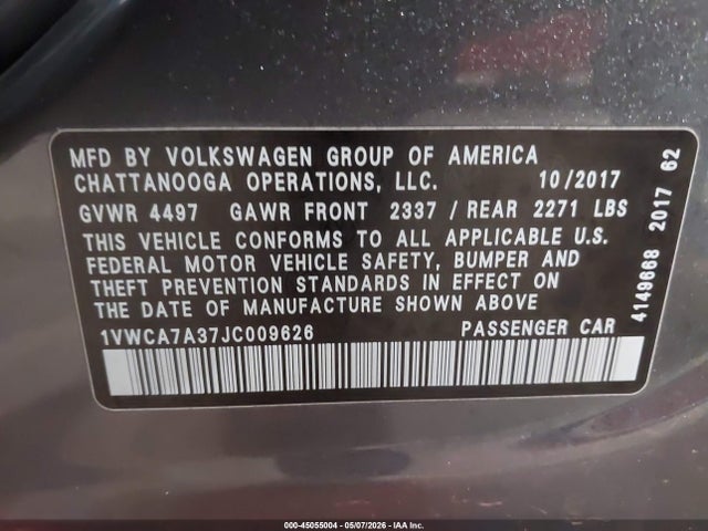 Продаж на аукціоні авто 2018 Volkswagen Passat 2.0t Sel Premium, vin: 1VWCA7A37JC009626, номер лоту: 45055004