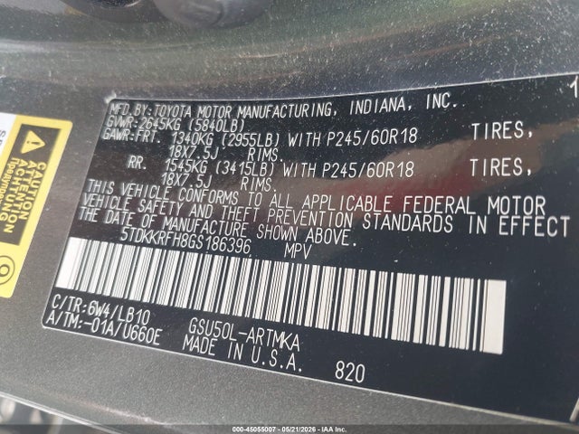 Aukcja sprzedaży 2016 Toyota Highlander Xle V6, vin: 5TDKKRFH8GS186396, numer aukcji: 45055007