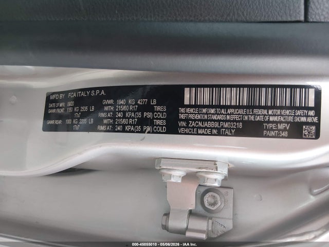 2020 Jeep Renegade Latitude Fwd მანქანა იყიდება აუქციონზე, vin: ZACNJABB9LPM03218, აუქციონის ნომერი: 45055010