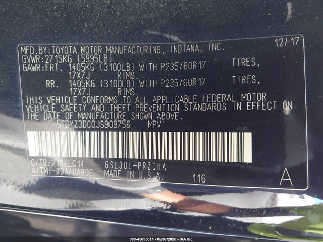 5TDYZ3DC0JS909756 Toyota Sienna Xle 8 Passenger