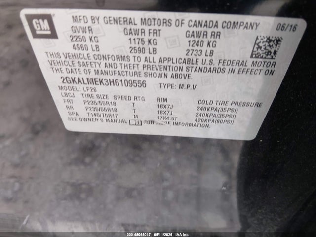 Aukcja sprzedaży 2017 Gmc Terrain Sle-1, vin: 2GKALMEK3H6109556, numer aukcji: 45055017