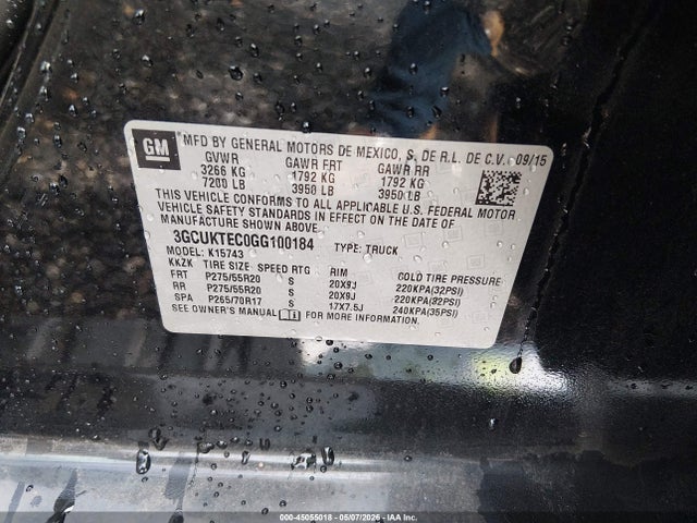 2016 Chevrolet Silverado 1500 High Country მანქანა იყიდება აუქციონზე, vin: 3GCUKTEC0GG100184, აუქციონის ნომერი: 45055018