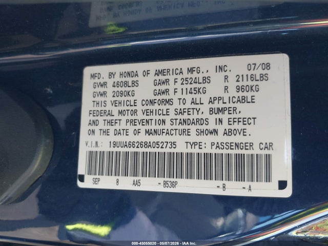 Aukcja sprzedaży 2008 Acura Tl 3.2, vin: 19UUA66268A052735, numer aukcji: 45055020