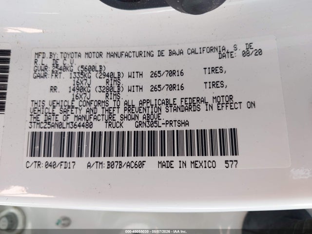 2020 Toyota Tacoma Trd Off-road მანქანა იყიდება აუქციონზე, vin: 3TMCZ5AN0LM364480, აუქციონის ნომერი: 45055030