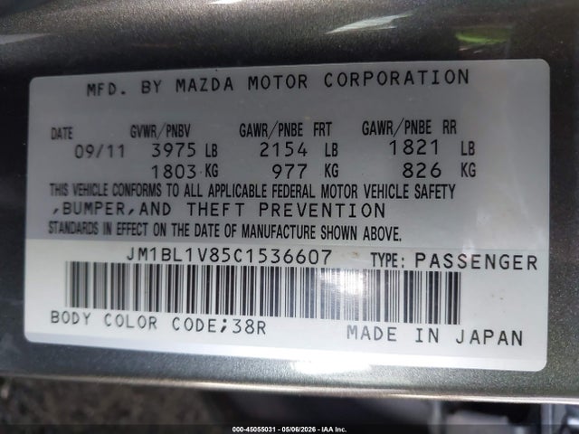 Продажа на аукционе авто 2012 Mazda Mazda3 I Touring, vin: JM1BL1V85C1536607, номер лота: 45055031