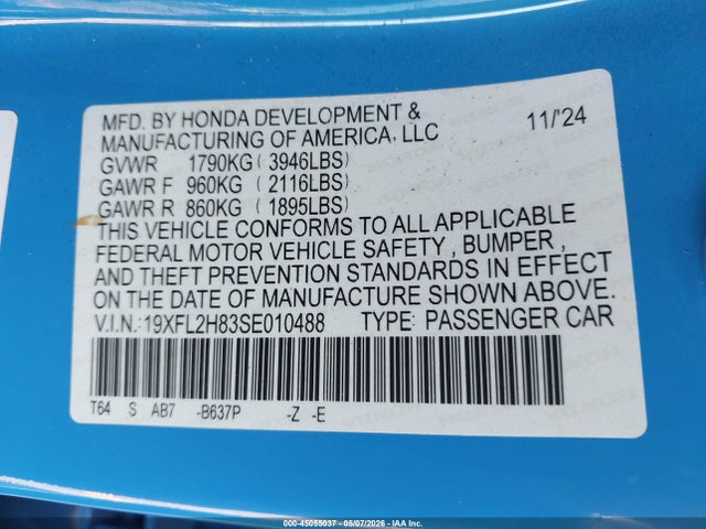 45055037 :رقم المزاد ، 19XFL2H83SE010488 vin ، 2025 Honda Civic Sedan Sport مزاد بيع