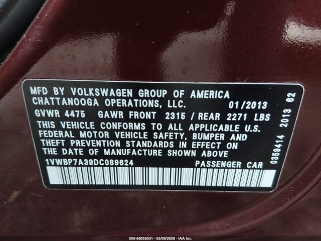 Aukcja sprzedaży 2013 Volkswagen Passat 2.5l Se, vin: 1VWBP7A39DC089624, numer aukcji: 45055041