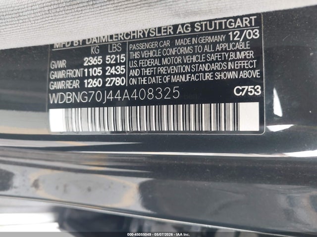 45055049 :رقم المزاد ، WDBNG70J44A408325 vin ، 2004 Mercedes-benz S 430 مزاد بيع