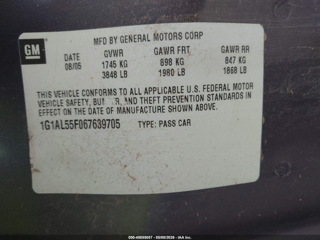 Aukcja sprzedaży 2006 Chevrolet Cobalt Lt, vin: 1G1AL55F067639705, numer aukcji: 45055057