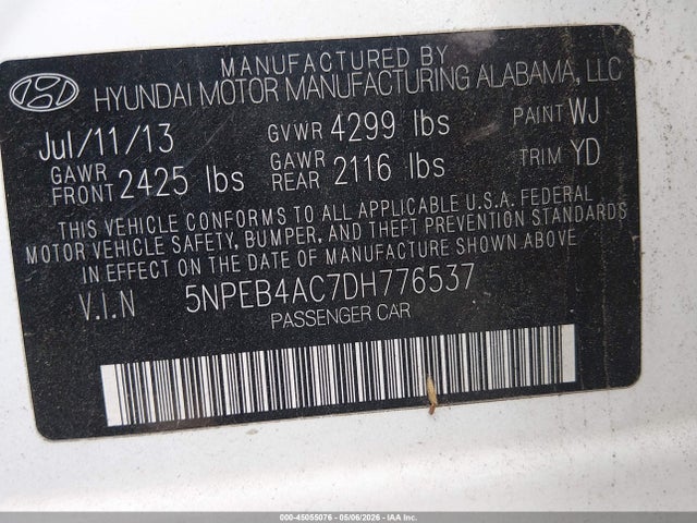 45055076 :رقم المزاد ، 5NPEB4AC7DH776537 vin ، 2013 Hyundai Sonata Gls مزاد بيع