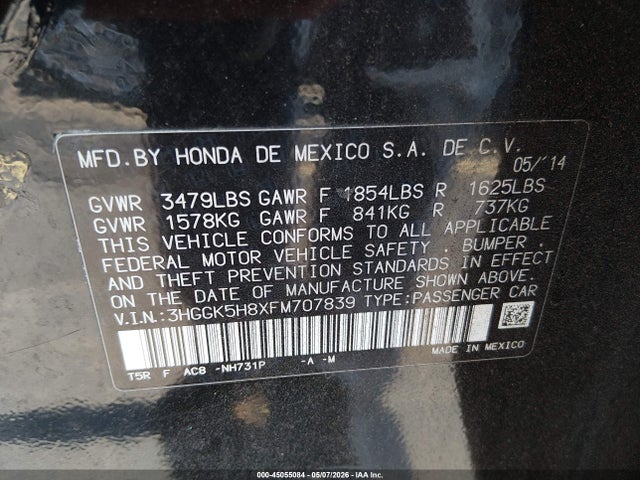 45055084 :رقم المزاد ، 3HGGK5H8XFM707839 vin ، 2015 Honda Fit Ex/ex-l مزاد بيع