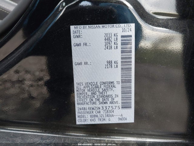 Aukcja sprzedaży 2025 Nissan Altima Sl Awd, vin: 1N4BL4EW2SN337575, numer aukcji: 45055093