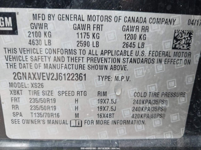 Aukcja sprzedaży 2018 Chevrolet Equinox Premier, vin: 2GNAXVEV2J6122361, numer aukcji: 45055100