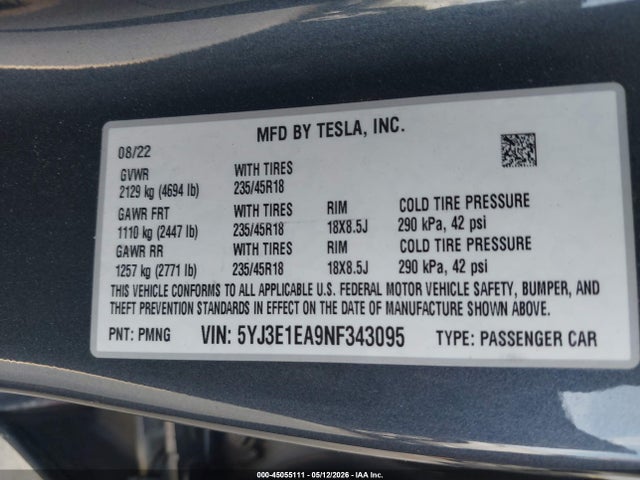 Tesla Model 3 Rear-wheel Drive 2022 5YJ3E1EA9NF343095 Image 9