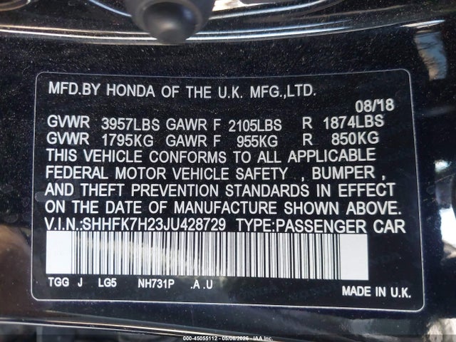 Honda Civic Lx 2018 SHHFK7H23JU428729 Image 9