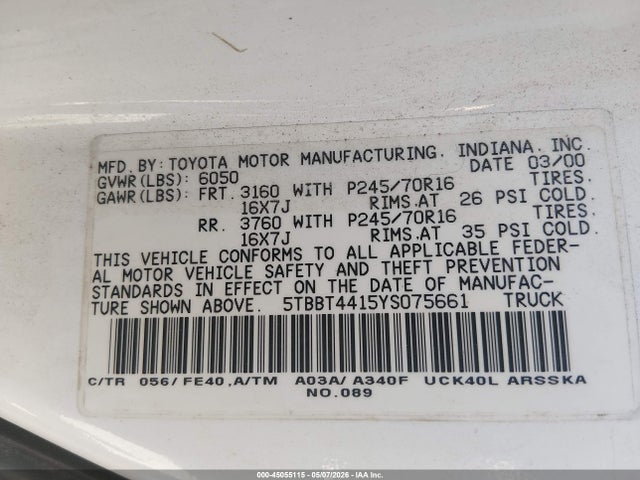 Продаж на аукціоні авто 2000 Toyota Tundra Sr5 V8, vin: 5TBBT4415YS075661, номер лоту: 45055115