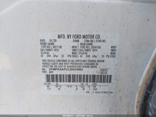 Продажа на аукционе авто 2020 Ford Edge St, vin: 2FMPK4AP2LBA43992, номер лота: 45055117