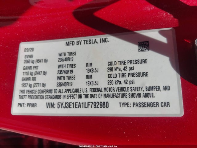 Продаж на аукціоні авто 2020 Tesla Model 3, vin: 5YJ3E1EA1LF792980, номер лоту: 45055122