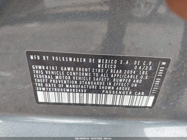 2025 Volkswagen Jetta 1.5t Se მანქანა იყიდება აუქციონზე, vin: 3VW7X7BU0SM083459, აუქციონის ნომერი: 45055125