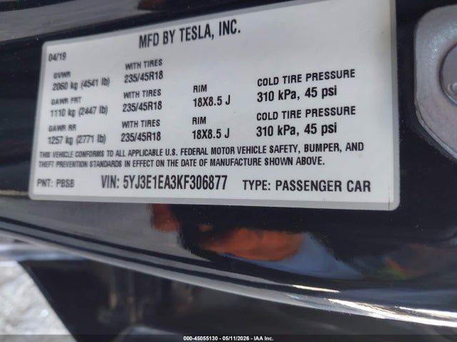 Aukcja sprzedaży 2019 Tesla Model 3 Long Range/mid Range/standard Range/standard Range Plus, vin: 5YJ3E1EA3KF306877, numer aukcji: 45055130
