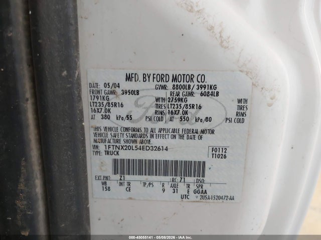 2004 Ford F-250 Lariat/xl/xlt მანქანა იყიდება აუქციონზე, vin: 1FTNX20L54ED32614, აუქციონის ნომერი: 45055141