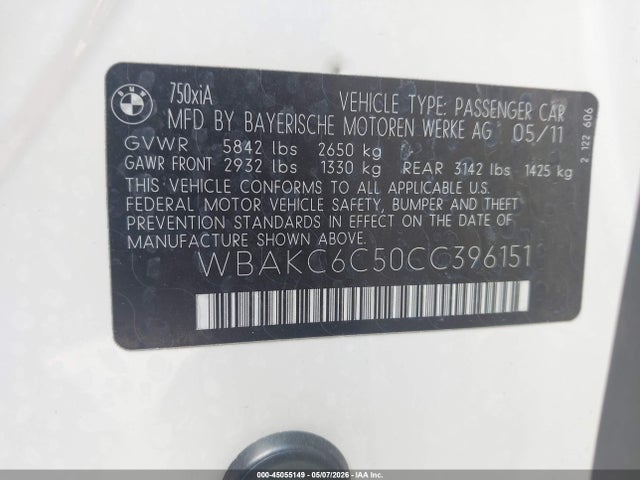 Продажа на аукционе авто 2012 Bmw 750i Xdrive, vin: WBAKC6C50CC396151, номер лота: 45055149