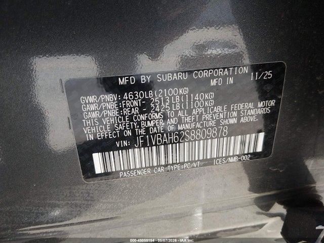 45055154 :رقم المزاد ، JF1VBAH62S8809878 vin ، 2025 Subaru Wrx Premium مزاد بيع