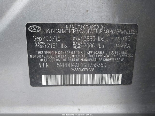 2016 Hyundai Elantra Se მანქანა იყიდება აუქციონზე, vin: 5NPDH4AEXGH755360, აუქციონის ნომერი: 45055172