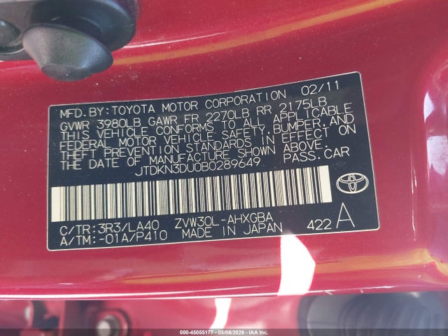 Aukcja sprzedaży 2011 Toyota Prius Five, vin: JTDKN3DU0B0289649, numer aukcji: 45055177