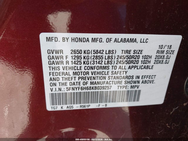 Honda Pilot Touring 2019 5FNYF6H68KB039257 Image 9
