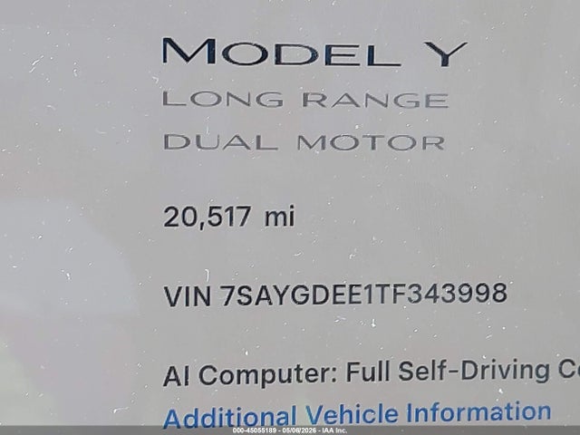 Aukcja sprzedaży 2026 Tesla Model Y All-wheel Drive/long Range Launch Series/premium All-wheel Drive, vin: 7SAYGDEE1TF343998, numer aukcji: 45055189