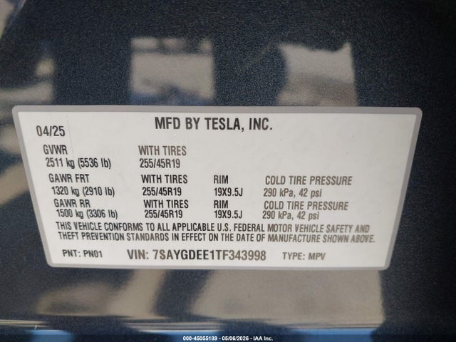 Aukcja sprzedaży 2026 Tesla Model Y All-wheel Drive/long Range Launch Series/premium All-wheel Drive, vin: 7SAYGDEE1TF343998, numer aukcji: 45055189