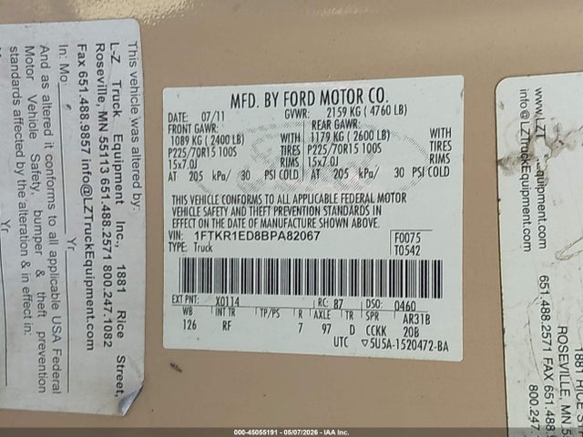 45055191 :رقم المزاد ، 1FTKR1ED8BPA82067 vin ، 2011 Ford Ranger Xl مزاد بيع