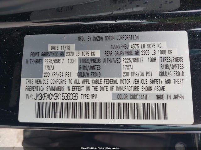 Продажа на аукционе авто 2019 Mazda Cx-5 Touring, vin: JM3KFACM3K1536036, номер лота: 45055199