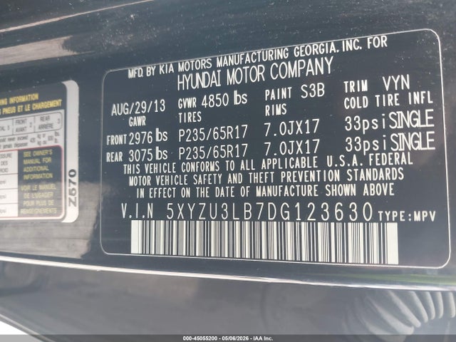2013 Hyundai Santa Fe Sport მანქანა იყიდება აუქციონზე, vin: 5XYZU3LB7DG123630, აუქციონის ნომერი: 45055200