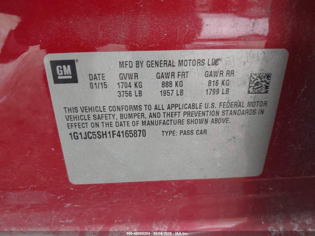 45055204 :رقم المزاد ، 1G1JC5SH1F4165870 vin ، 2015 Chevrolet Sonic Lt Auto مزاد بيع