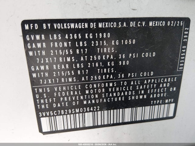 Продаж на аукціоні авто 2025 Volkswagen Taos 1.5t S, vin: 3VV5C7B29SM036422, номер лоту: 45055216