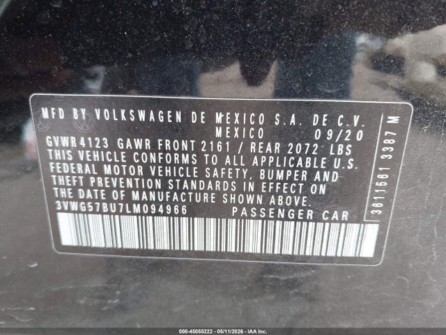 Auction sale of the 2020 Volkswagen Jetta 1.4t Sel Premium, vin: 3VWG57BU7LM094966, lot number: 45055222