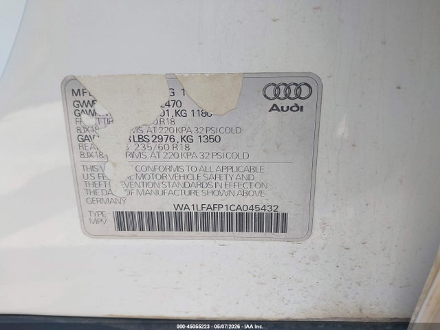 45055223 :رقم المزاد ، WA1LFAFP1CA045432 vin ، 2012 Audi Q5 2.0t Premium مزاد بيع