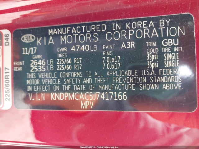 45055233 :رقم المزاد ، KNDPMCAC5J7417166 vin ، 2018 Kia Sportage Lx مزاد بيع