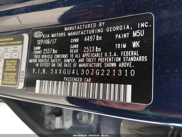 Продаж на аукціоні авто 2018 Kia Optima Ex, vin: 5XXGU4L30JG221310, номер лоту: 45055239
