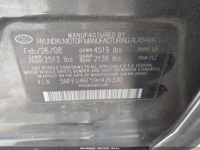 Продаж на аукціоні авто 2009 Hyundai Sonata Limited V6, vin: 5NPEU46F59H426330, номер лоту: 45055243