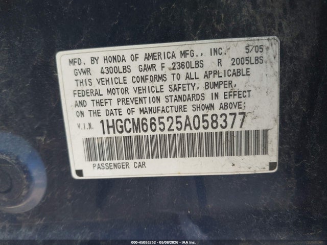 2005 Honda Accord 3.0 Ex მანქანა იყიდება აუქციონზე, vin: 1HGCM66525A058377, აუქციონის ნომერი: 45055252