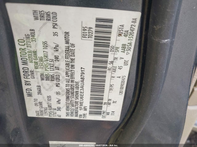 2010 Ford Explorer Eddie Bauer მანქანა იყიდება აუქციონზე, vin: 1FMEU6EE3AUA87917, აუქციონის ნომერი: 45055255