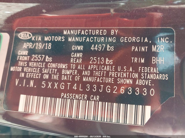 45055261 :رقم المزاد ، 5XXGT4L33JG263330 vin ، 2018 Kia Optima Lx مزاد بيع