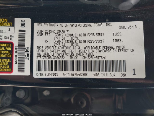 Aukcja sprzedaży 2018 Toyota Tacoma, vin: 5TFAZ5CN8JX066352, numer aukcji: 45055266