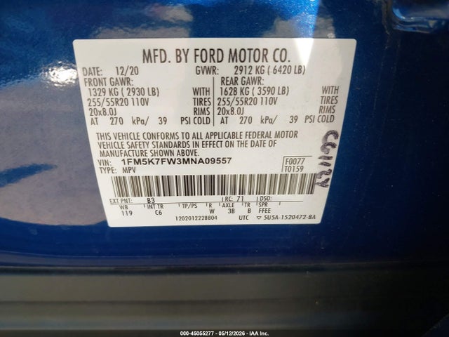 45055277 :رقم المزاد ، 1FM5K7FW3MNA09557 vin ، 2021 Ford Explorer Limited مزاد بيع