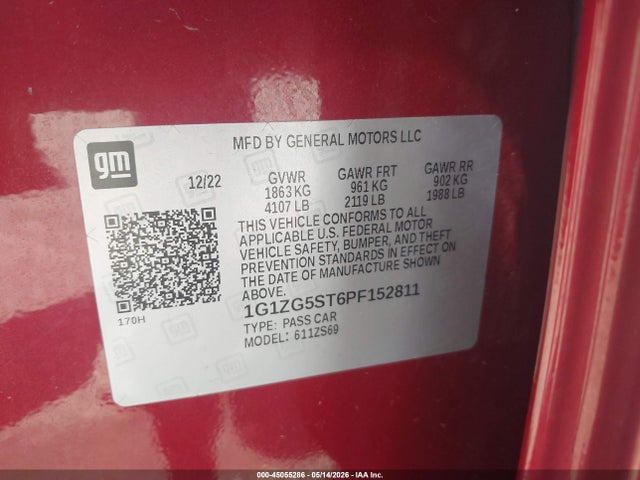 45055286 :رقم المزاد ، 1G1ZG5ST6PF152811 vin ، 2023 Chevrolet Malibu Fwd Rs مزاد بيع