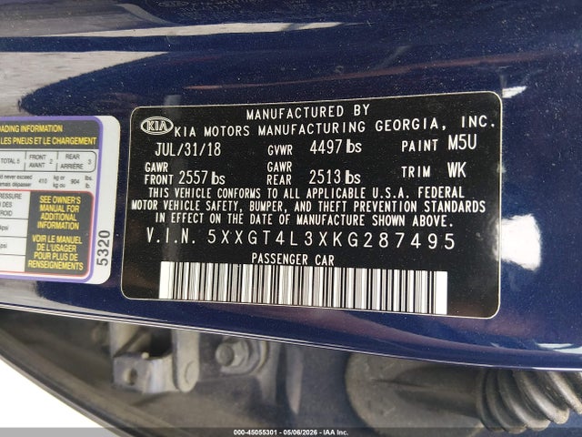 Продаж на аукціоні авто 2019 Kia Optima S, vin: 5XXGT4L3XKG287495, номер лоту: 45055301