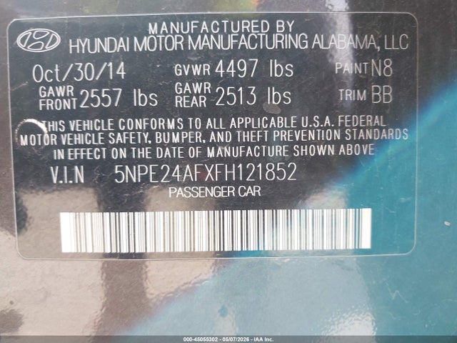 Aukcja sprzedaży 2015 Hyundai Sonata Se, vin: 5NPE24AFXFH121852, numer aukcji: 45055302